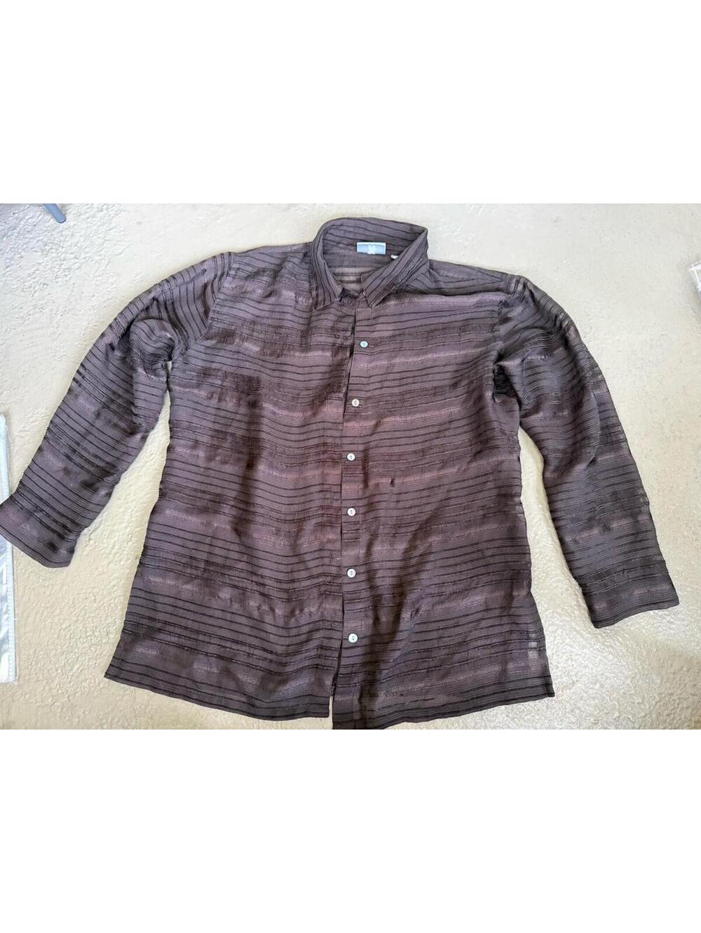Chicos Women's Brown Solid Shadow Stripe Button Front Blouse Shirt Size 2 M/L